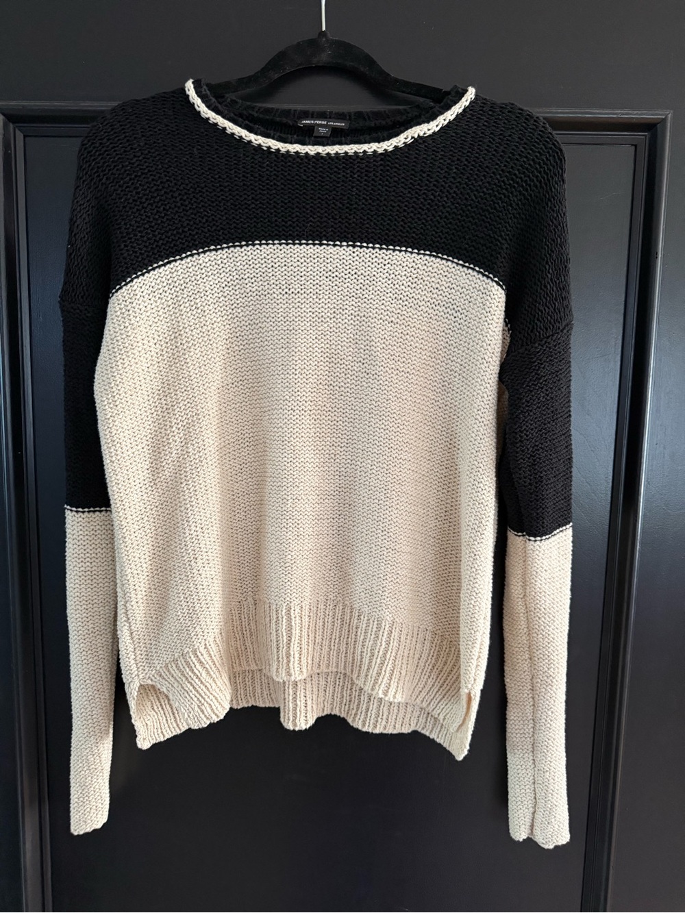 James Perse Black and Cream Colorblock Crewneck Sweater